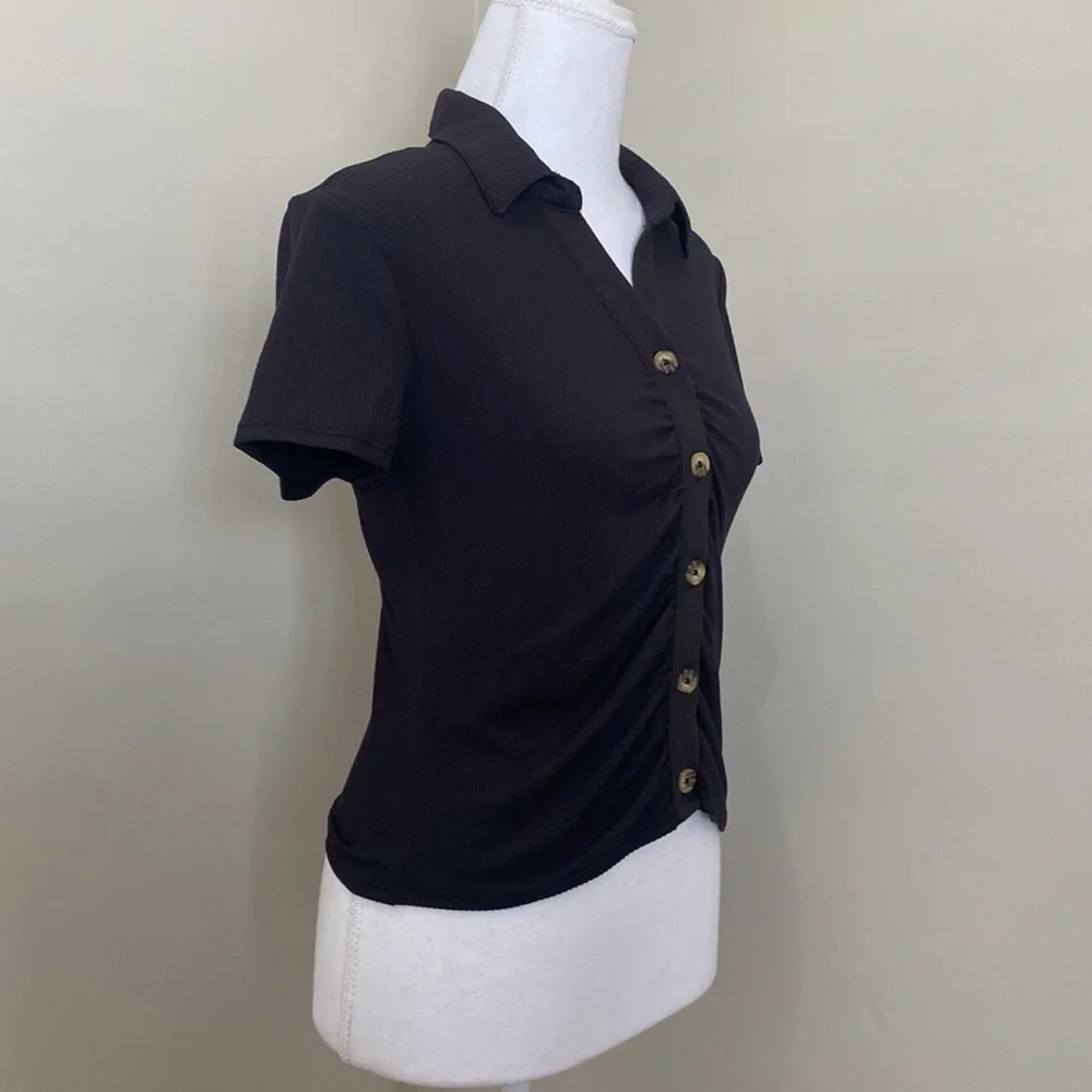 Black Light Knit Top with Button Details and Collared V-Neck​ - Picture 3 of 8